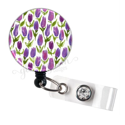 Tulip Badge Holder, Flower Badge Holder, Purple Floral Badge Reel, Watercolor Badge Holder, Watercolor Badge Reel - GG2059 - image1